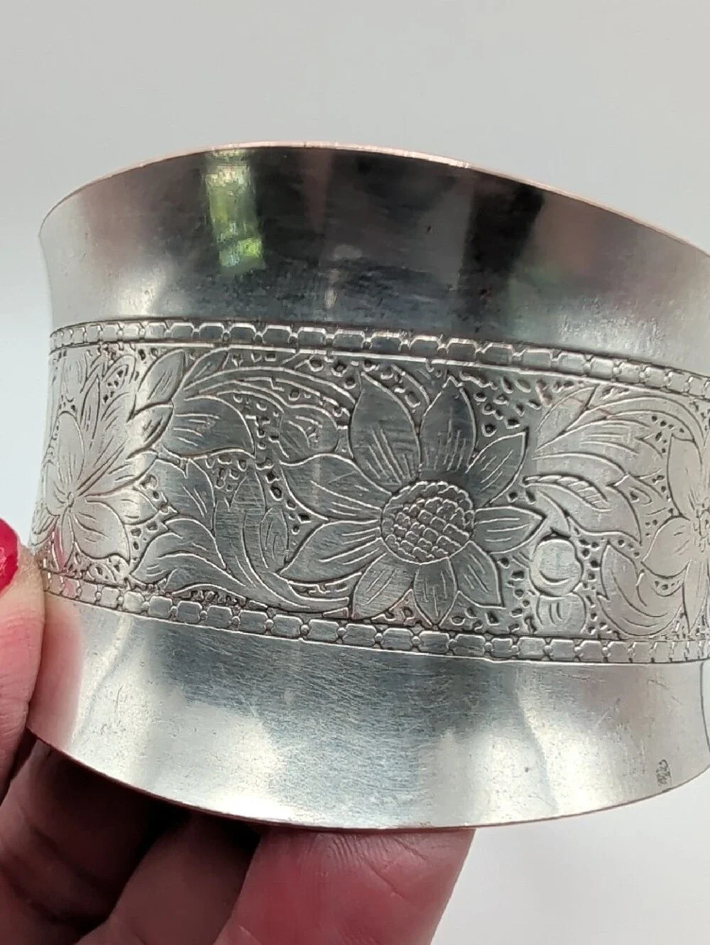 Engraved Floral Silver Cuff Bracelet